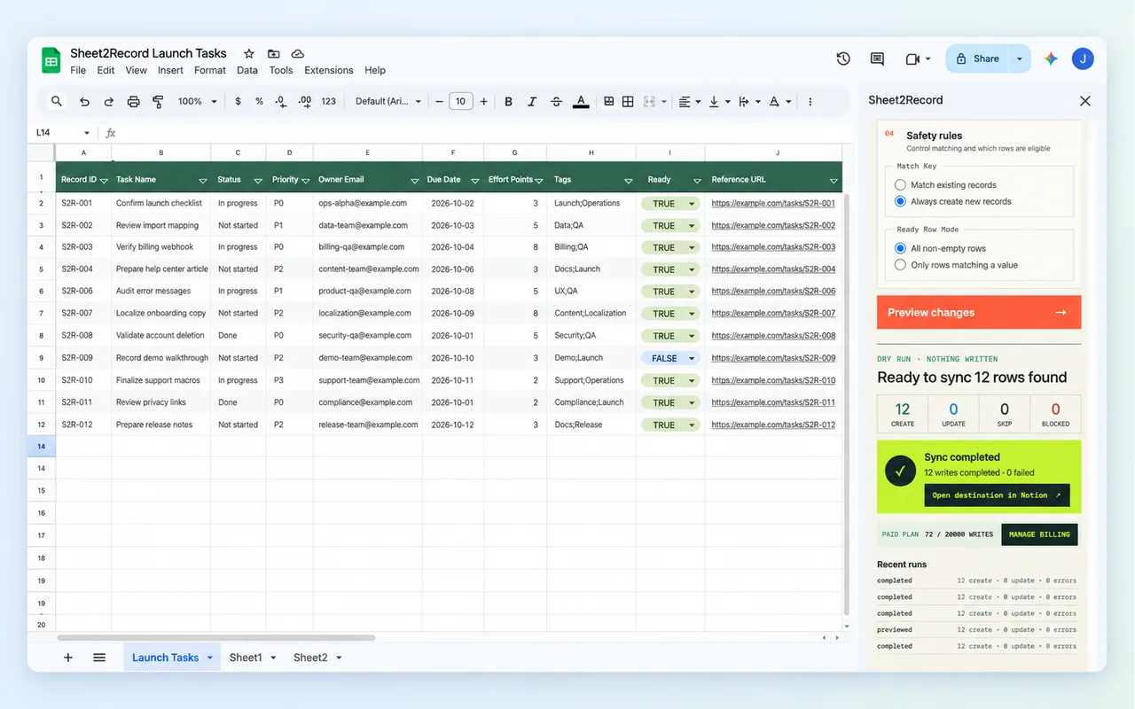Sheet2Record safety rules and sync preview