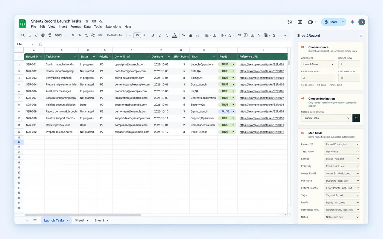 Sheet2Record source and field mapping setup